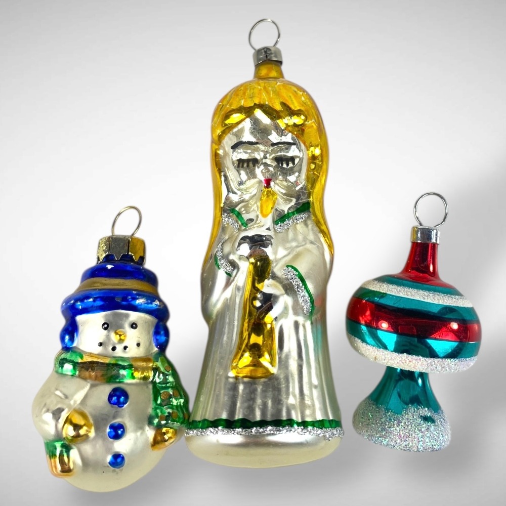 Vintage Glass Christmas Ornaments 3‎ Pcs Figural Poland Snowman Angel Set
